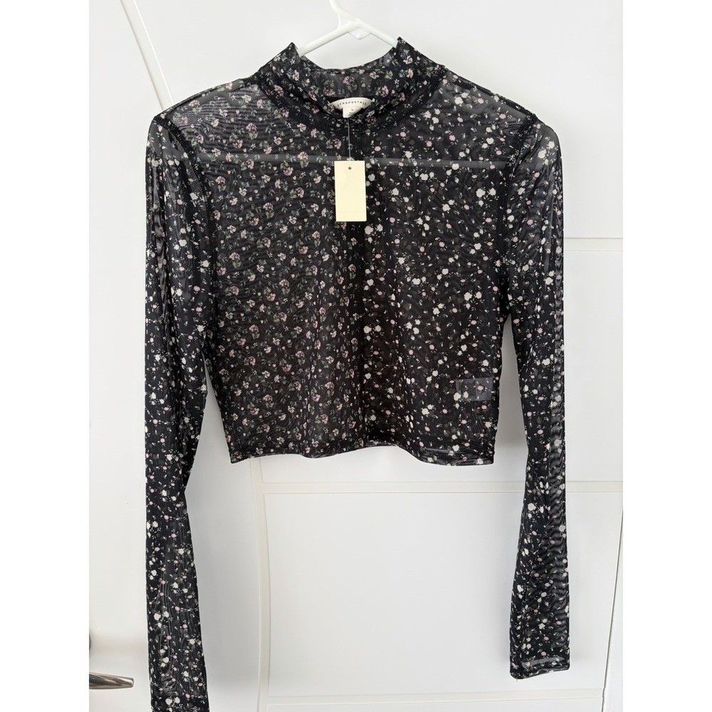 Aeropostale Sheer Mesh Crop Top Womens L Black Floral Mock Neck Long Sleeve NWT